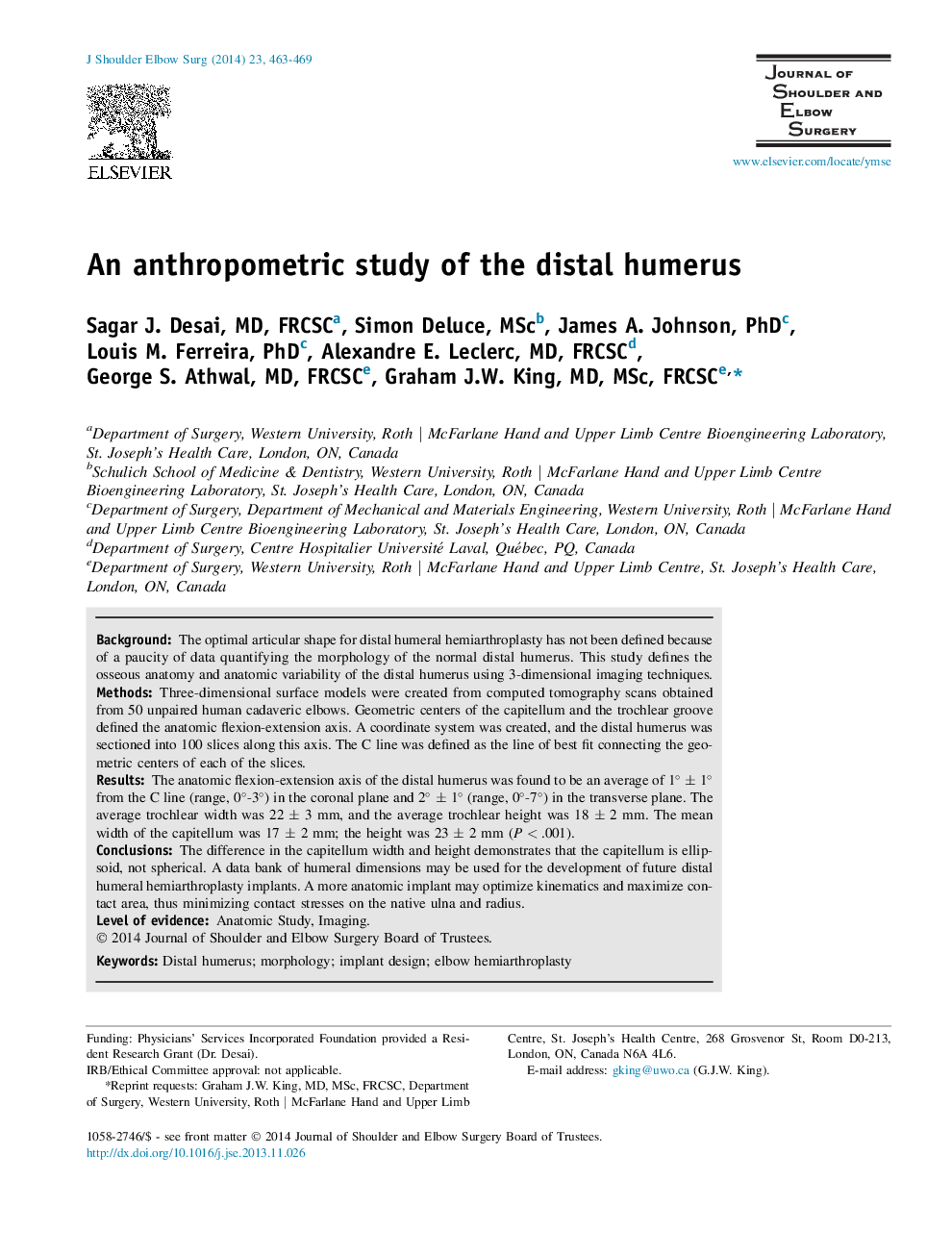 Basic ScienceAn anthropometric study of the distal humerus