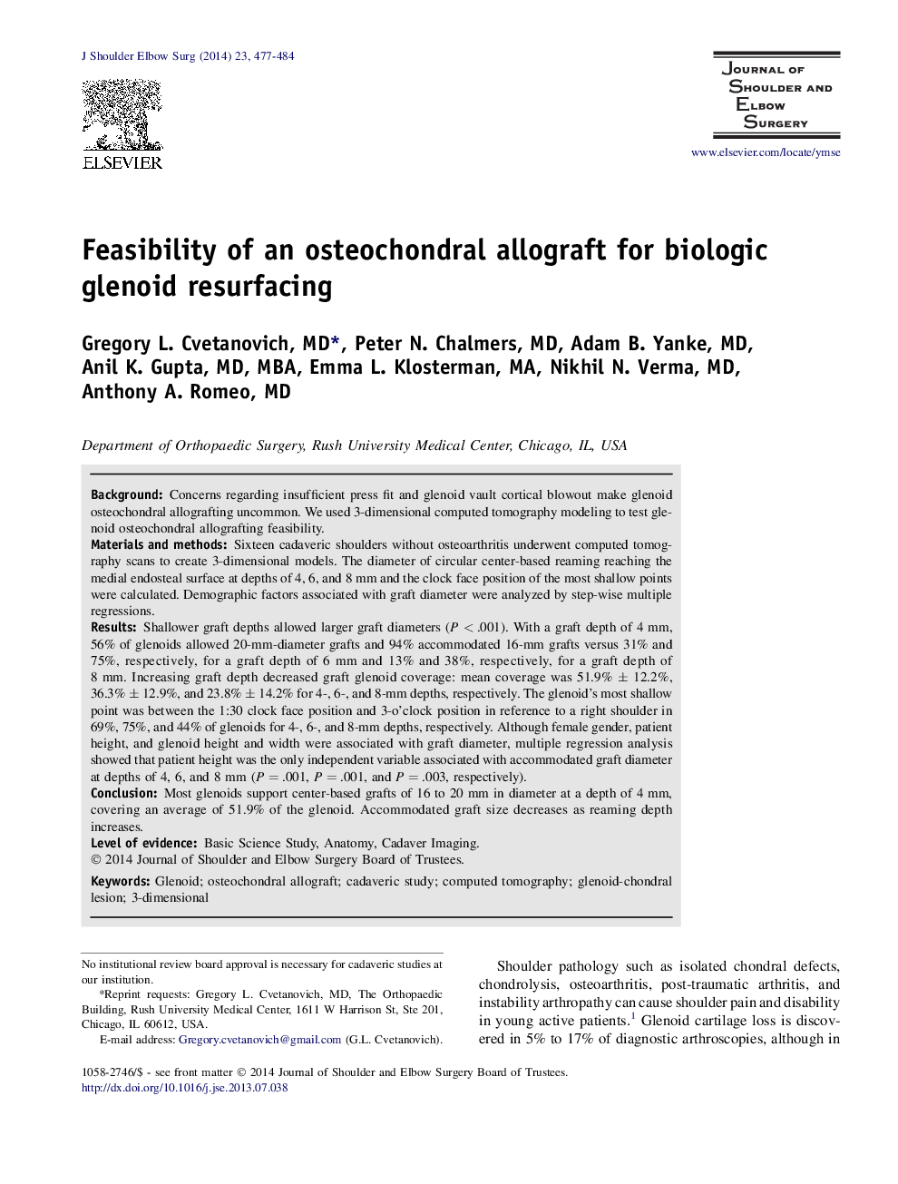 Feasibility of an osteochondral allograft for biologic glenoid resurfacing