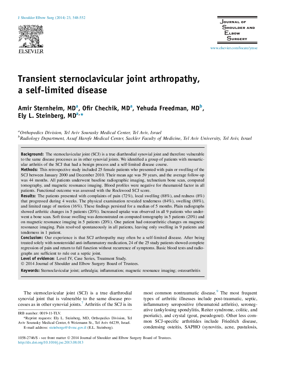 Transient sternoclavicular joint arthropathy, a self-limited disease