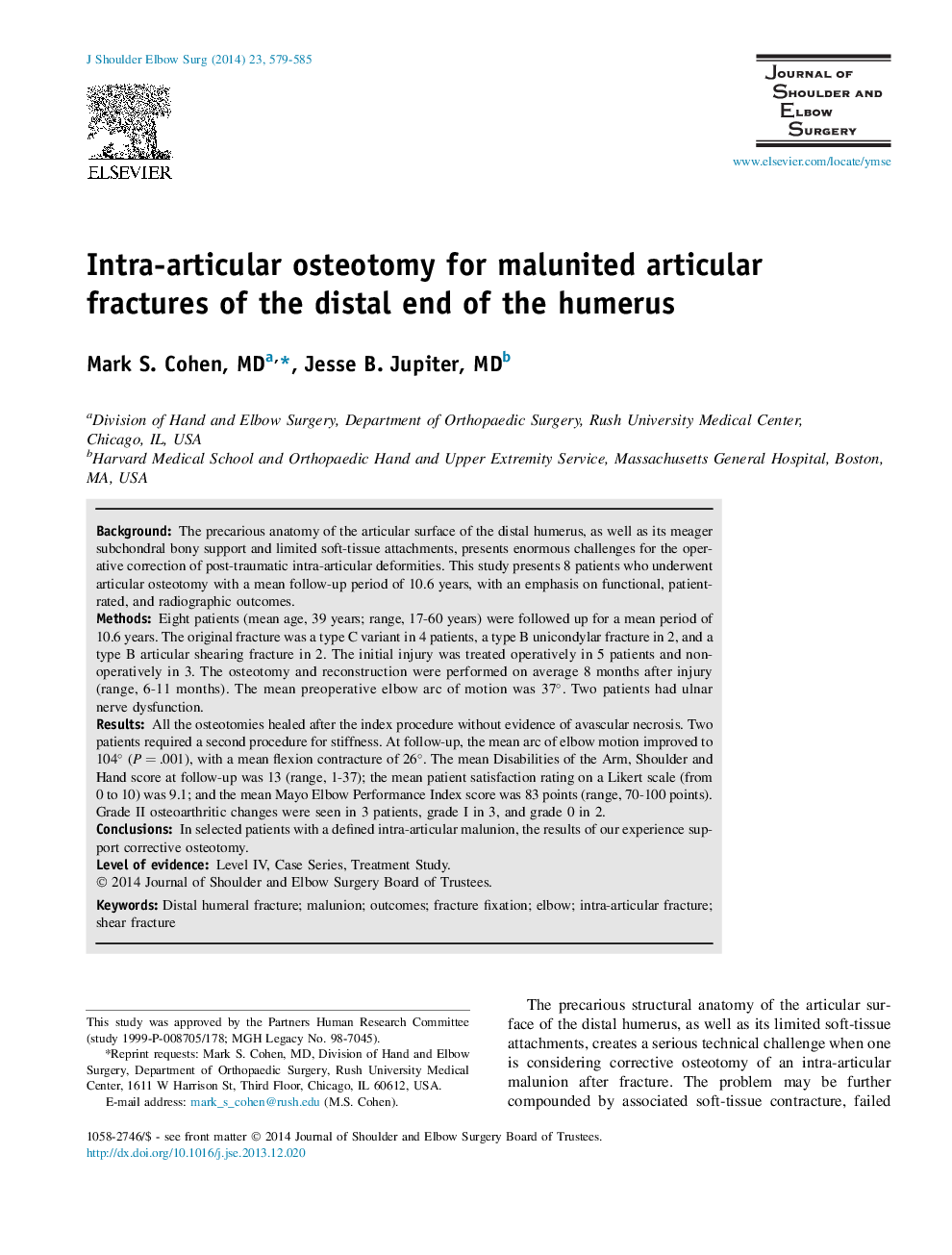 Intra-articular osteotomy for malunited articular fractures of the distal end of the humerus