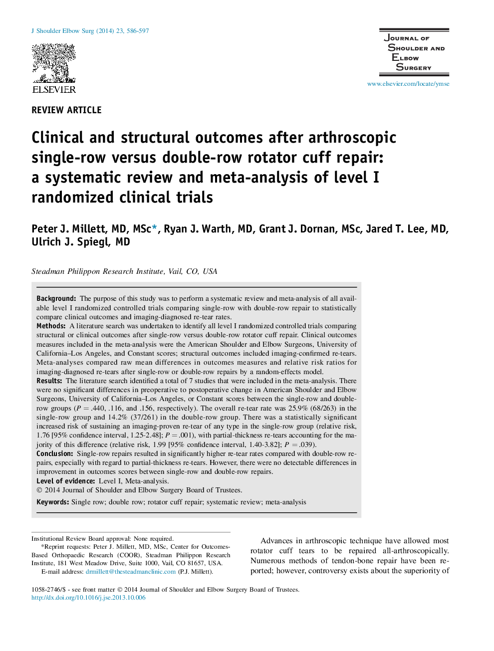 Clinical and structural outcomes after arthroscopic single-row versus double-row rotator cuff repair: a systematic review and meta-analysis of level I randomized clinical trials