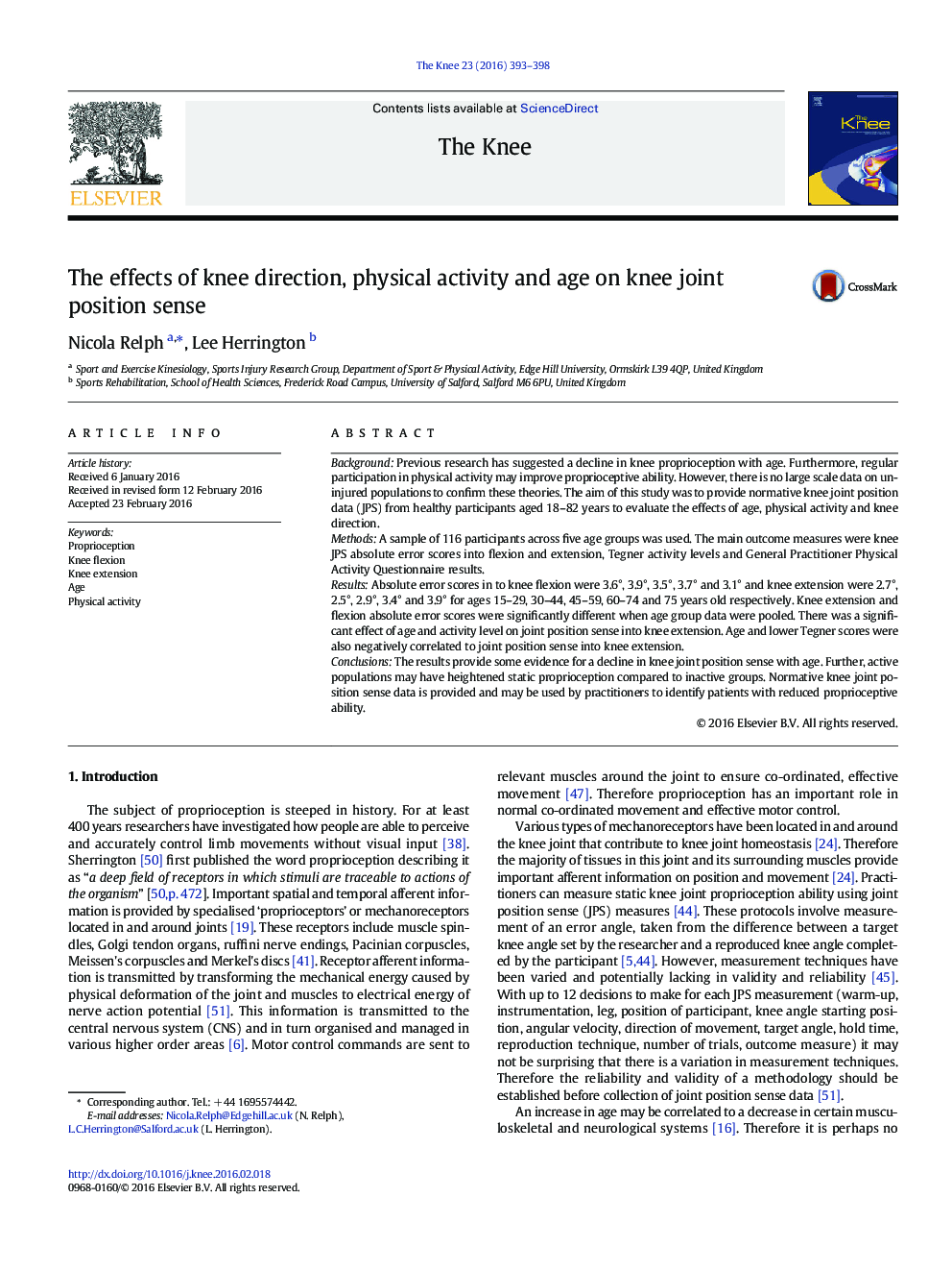 The effects of knee direction, physical activity and age on knee joint position sense