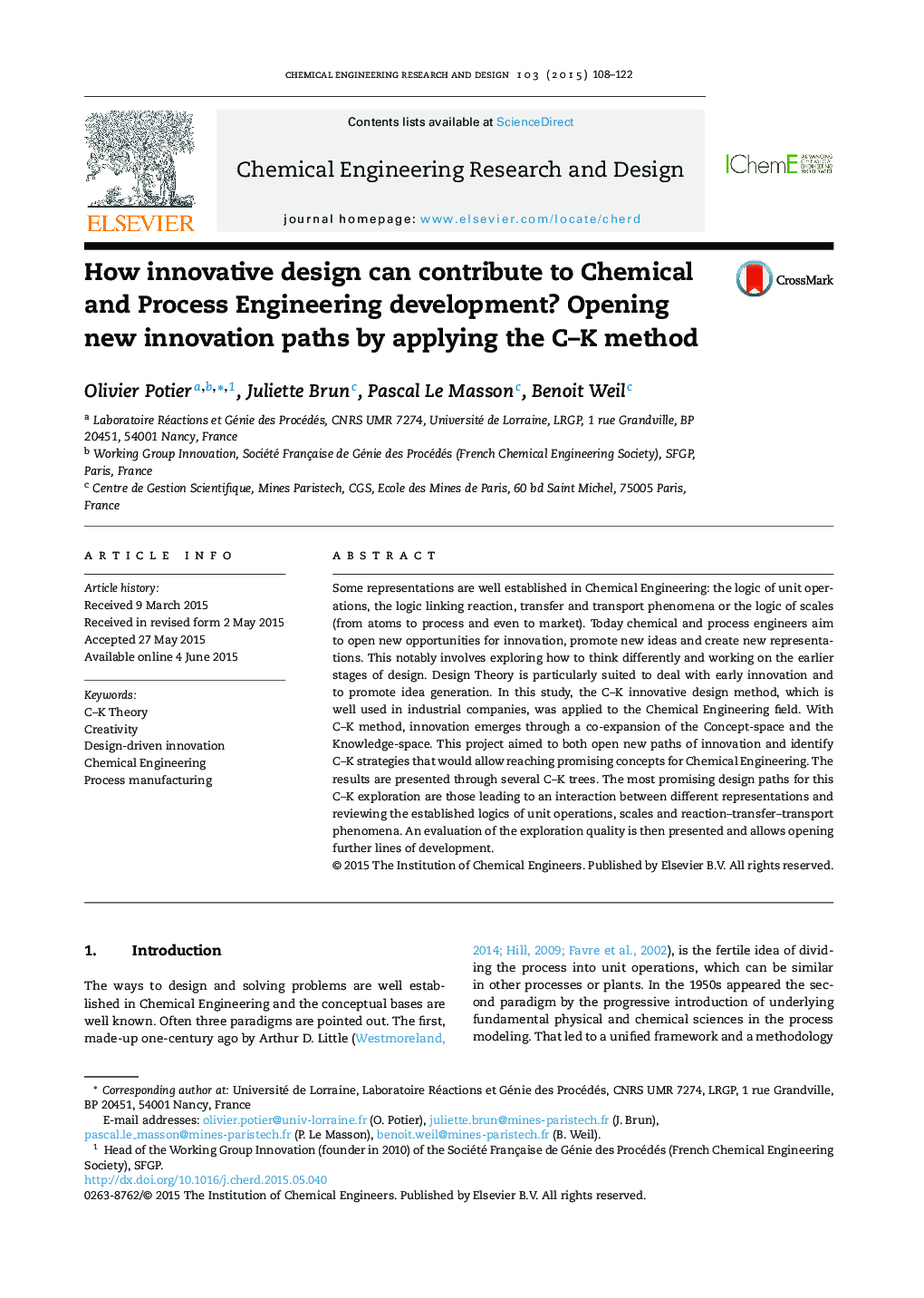 How innovative design can contribute to Chemical and Process Engineering development? Opening new innovation paths by applying the C–K method