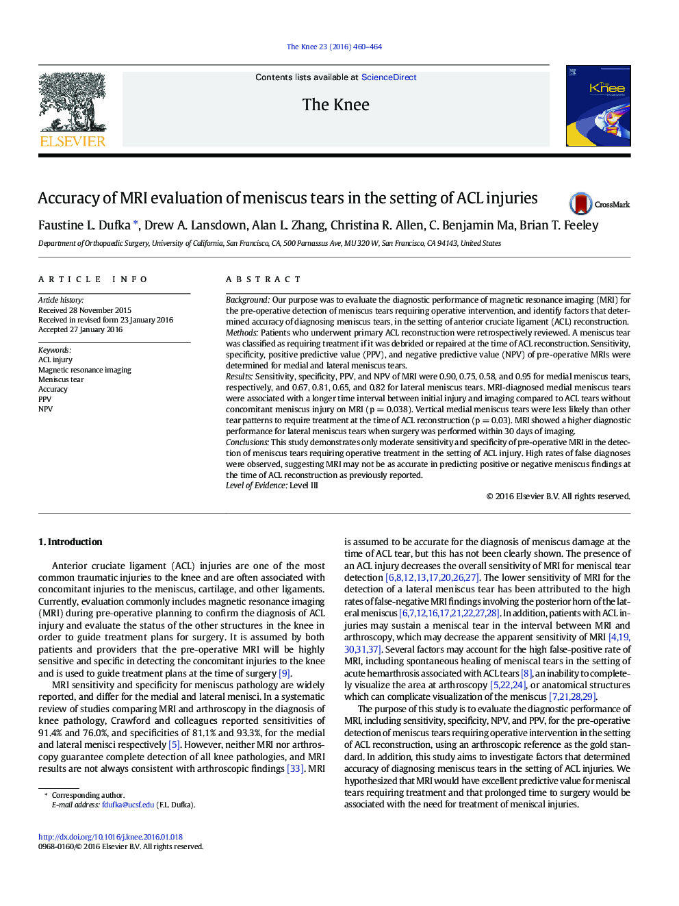 Accuracy of MRI evaluation of meniscus tears in the setting of ACL injuries