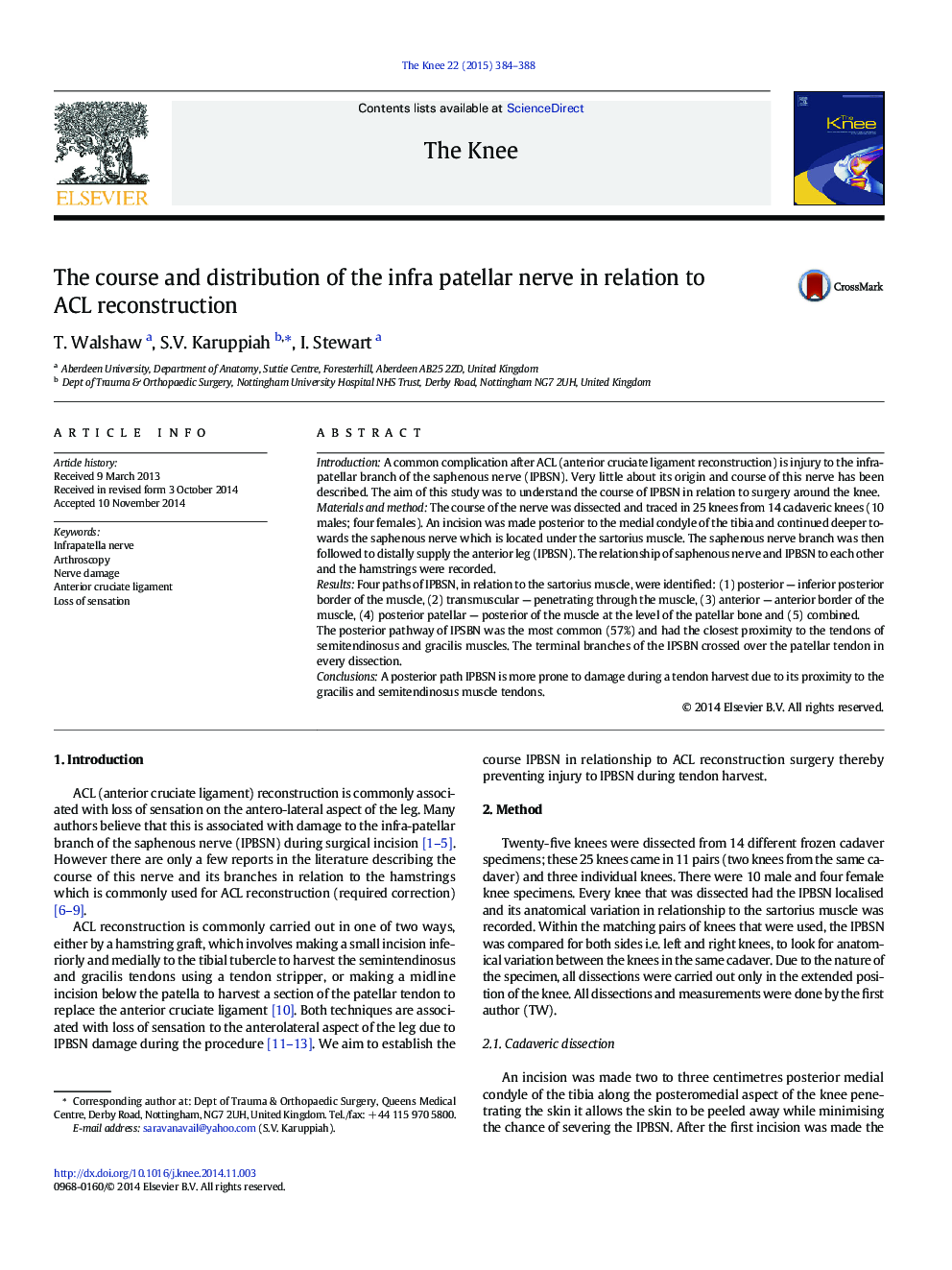 The course and distribution of the infra patellar nerve in relation to ACL reconstruction