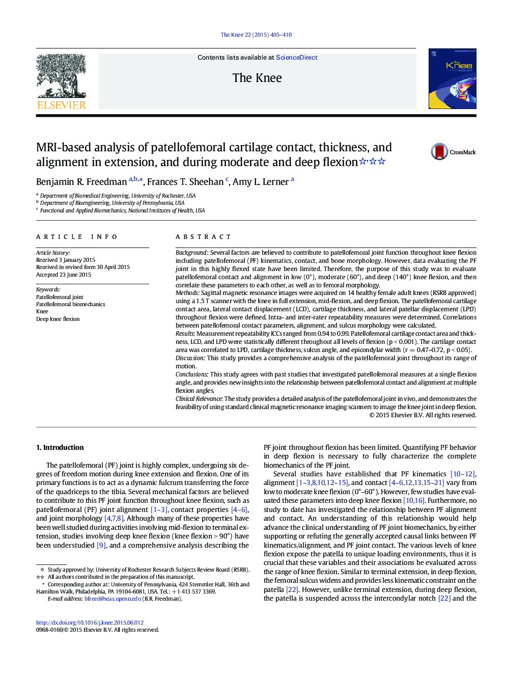 MRI-based analysis of patellofemoral cartilage contact, thickness, and alignment in extension, and during moderate and deep flexion