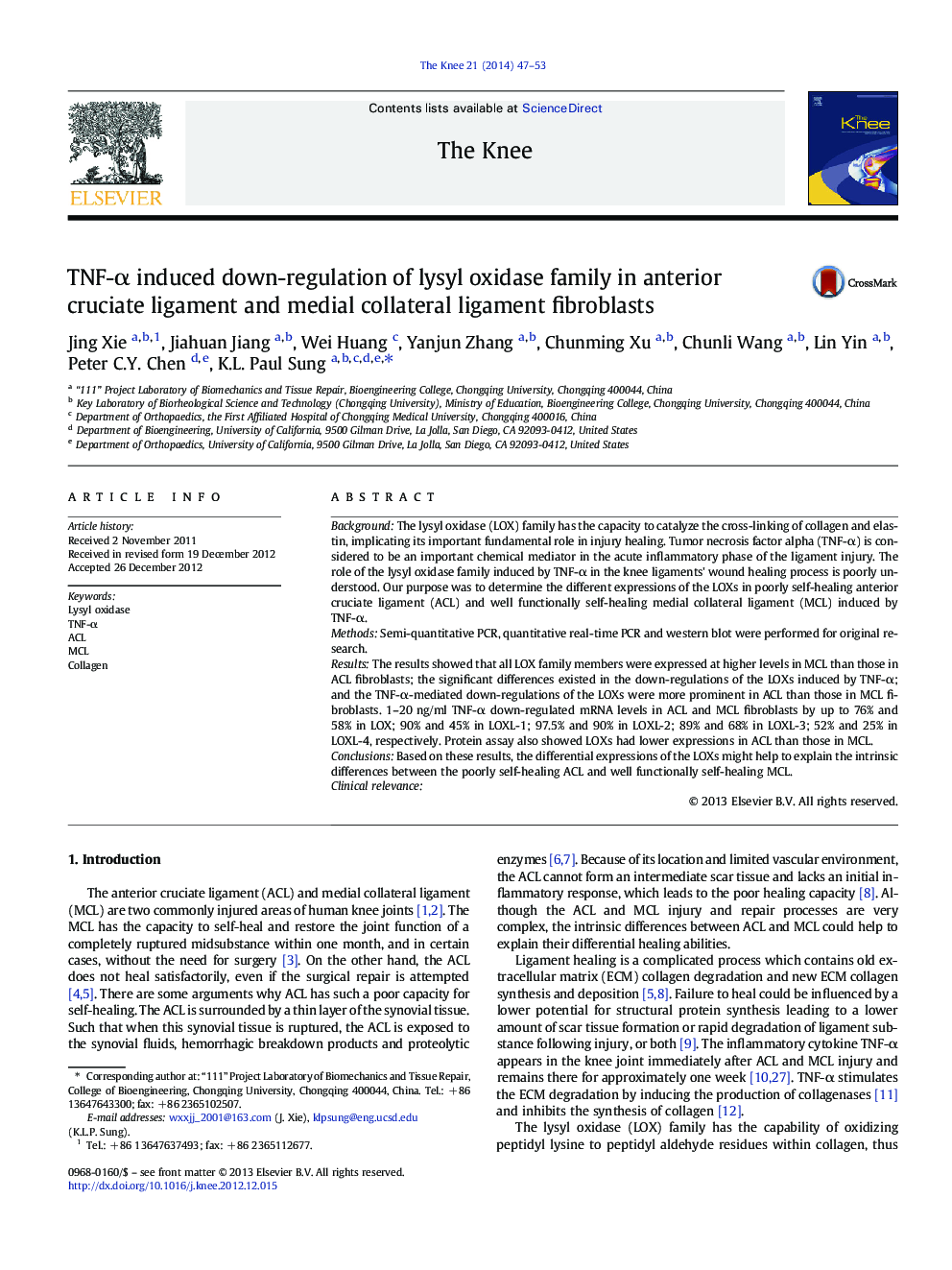 TNF-Î± induced down-regulation of lysyl oxidase family in anterior cruciate ligament and medial collateral ligament fibroblasts