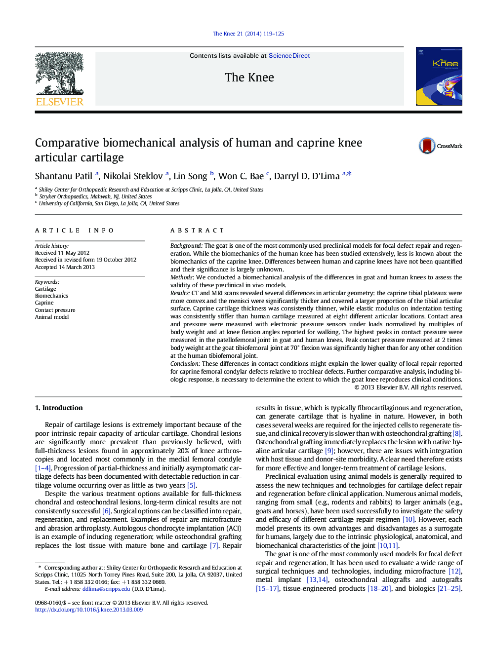 Comparative biomechanical analysis of human and caprine knee articular cartilage