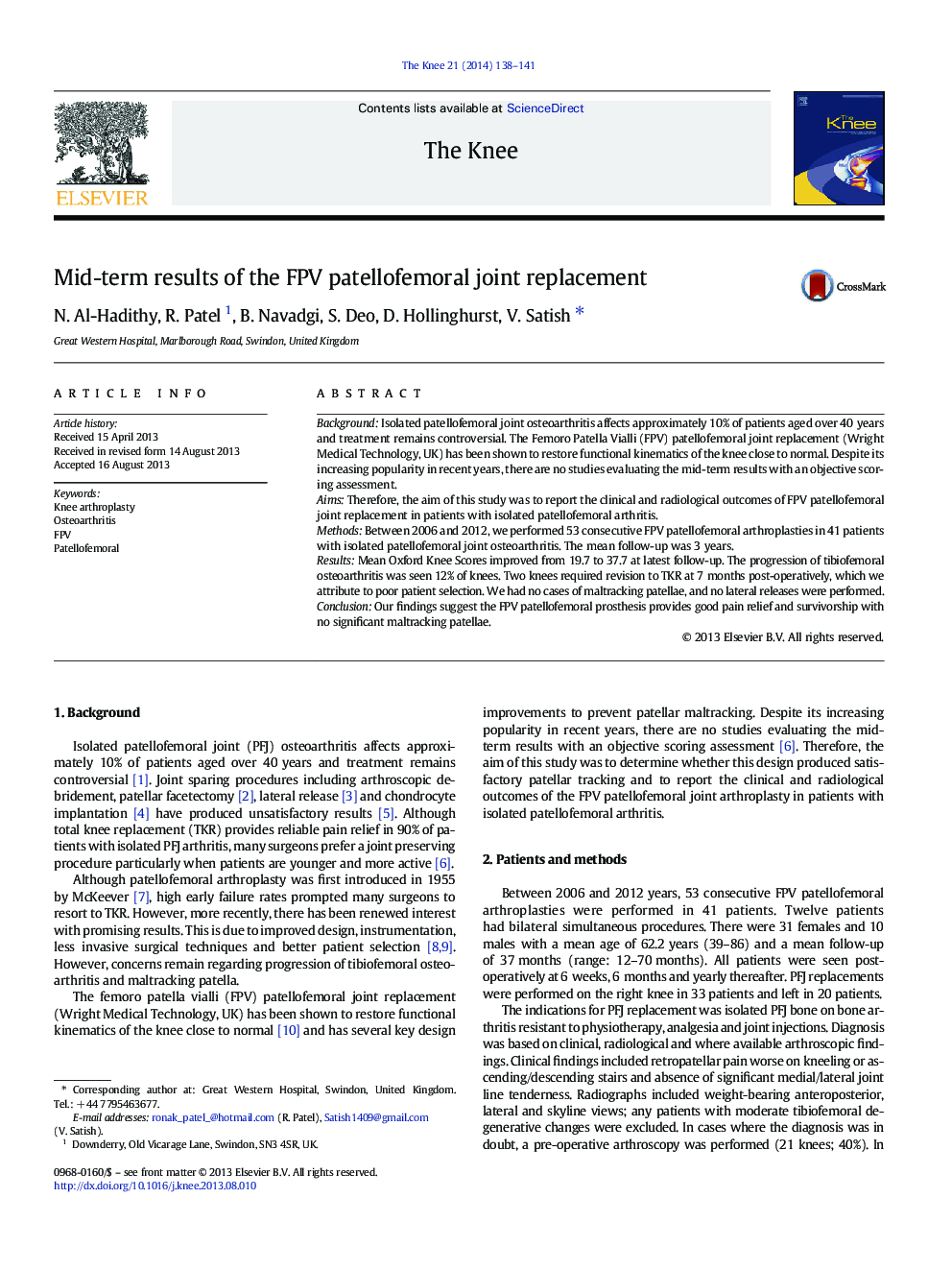 Mid-term results of the FPV patellofemoral joint replacement