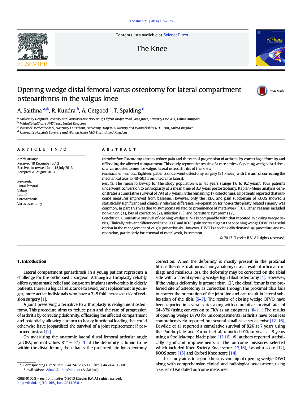 Opening wedge distal femoral varus osteotomy for lateral compartment osteoarthritis in the valgus knee