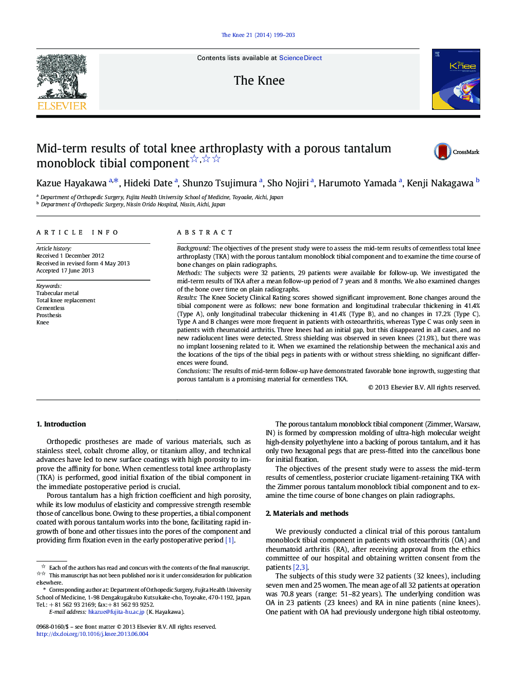 Mid-term results of total knee arthroplasty with a porous tantalum monoblock tibial component