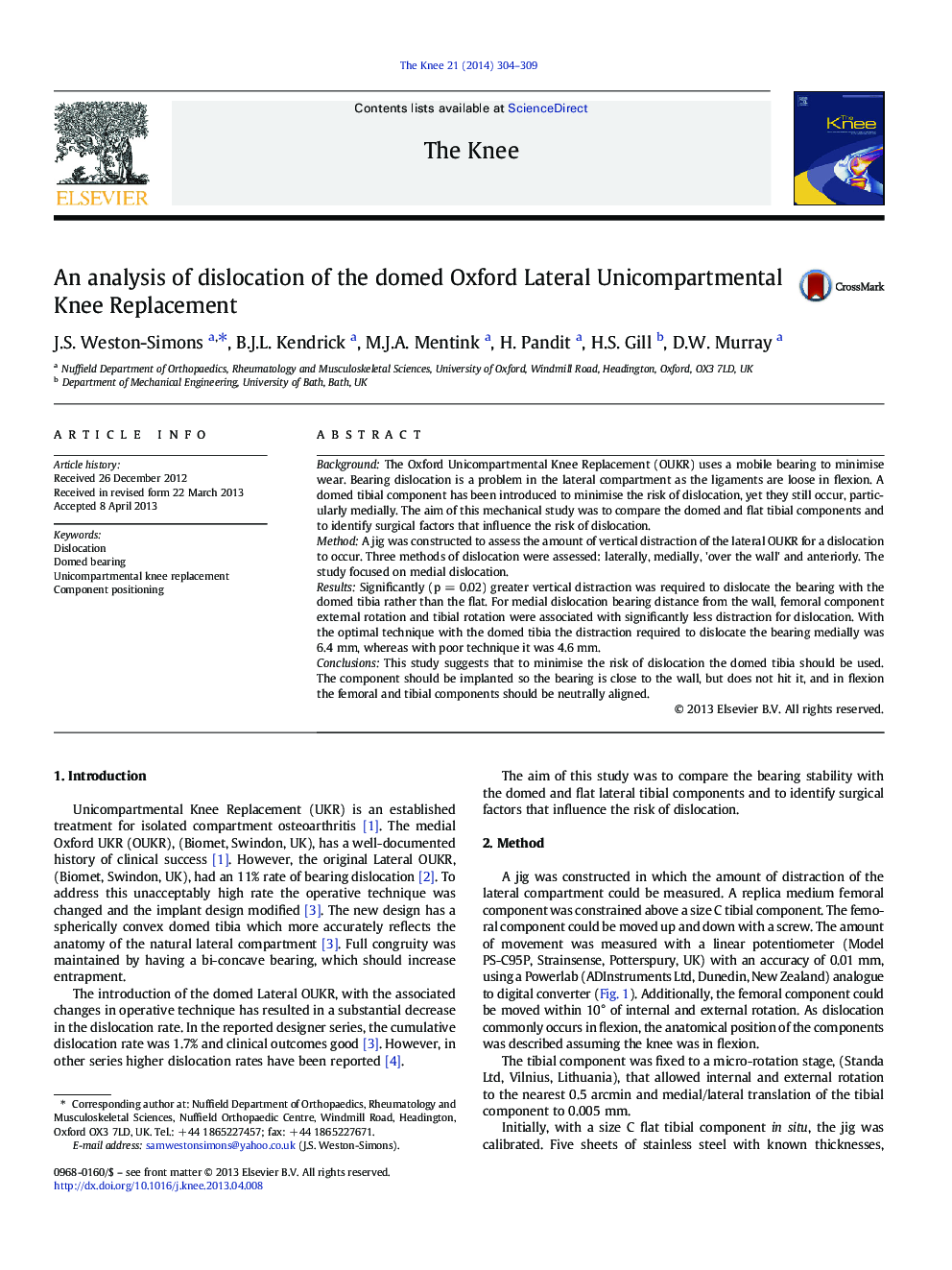 An analysis of dislocation of the domed Oxford Lateral Unicompartmental Knee Replacement