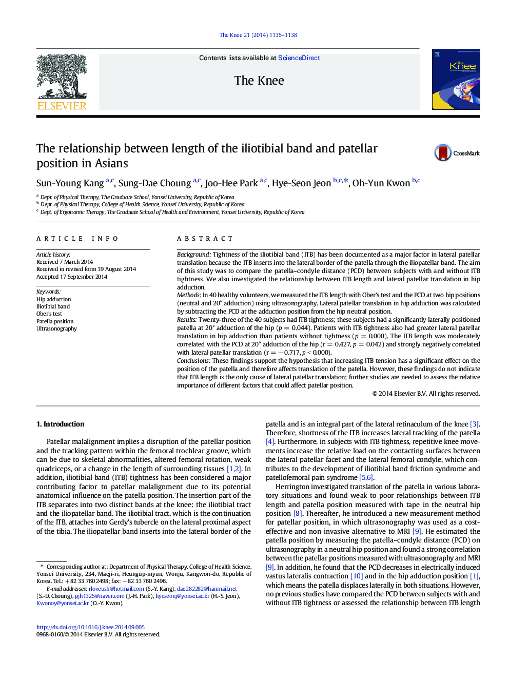 The relationship between length of the iliotibial band and patellar position in Asians