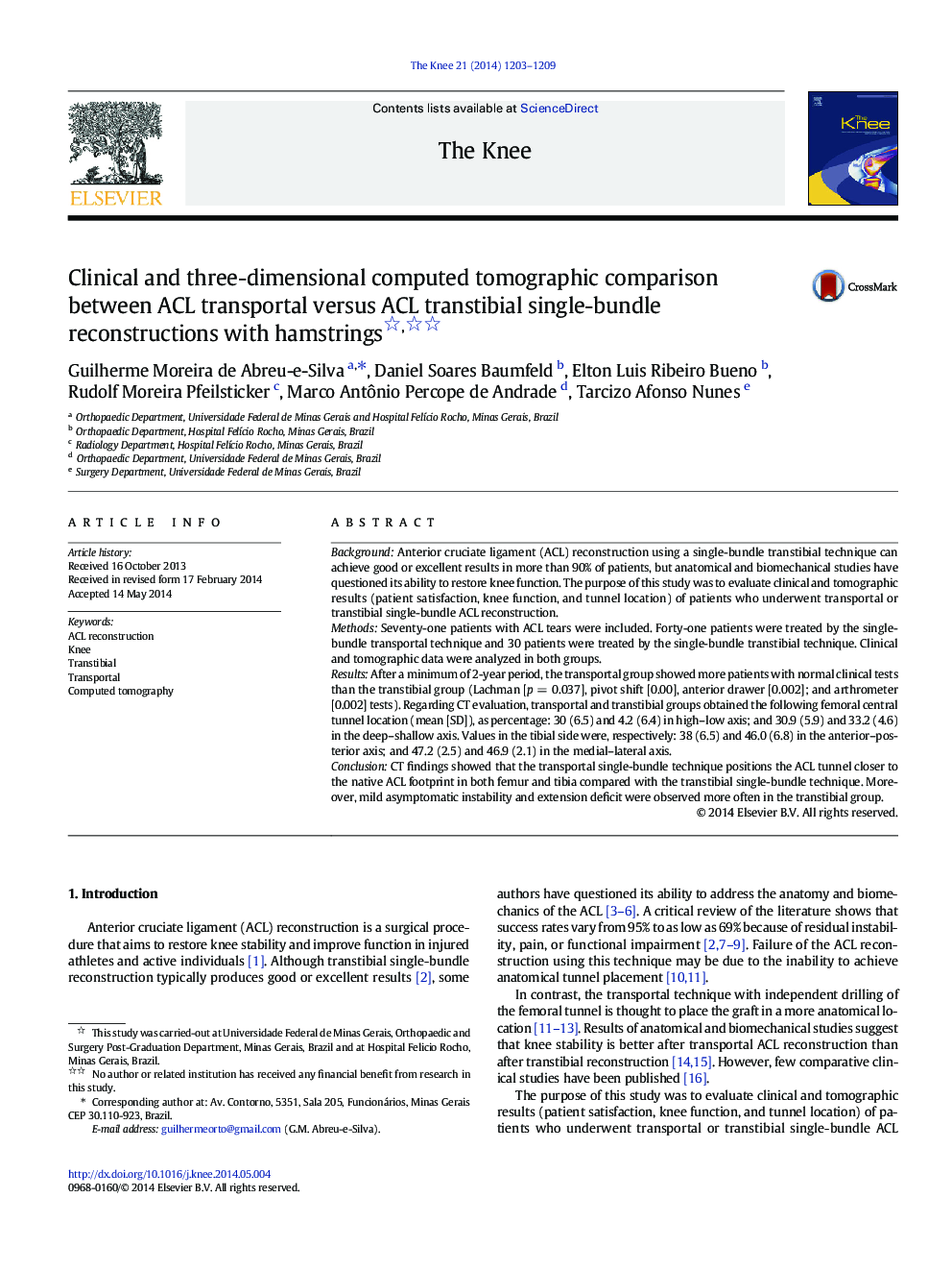 Clinical and three-dimensional computed tomographic comparison between ACL transportal versus ACL transtibial single-bundle reconstructions with hamstrings