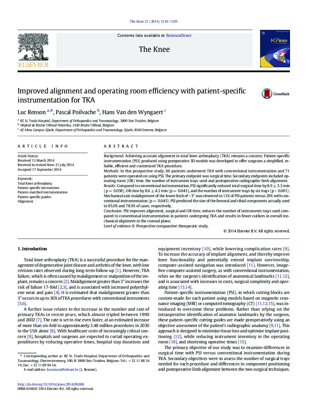 Improved alignment and operating room efficiency with patient-specific instrumentation for TKA