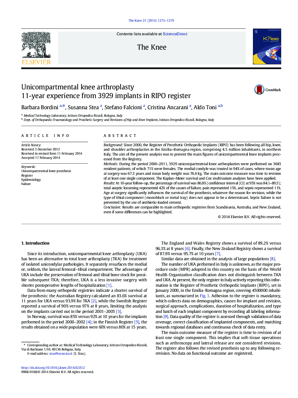 Unicompartmental knee arthroplasty: 11-year experience from 3929 implants in RIPO register