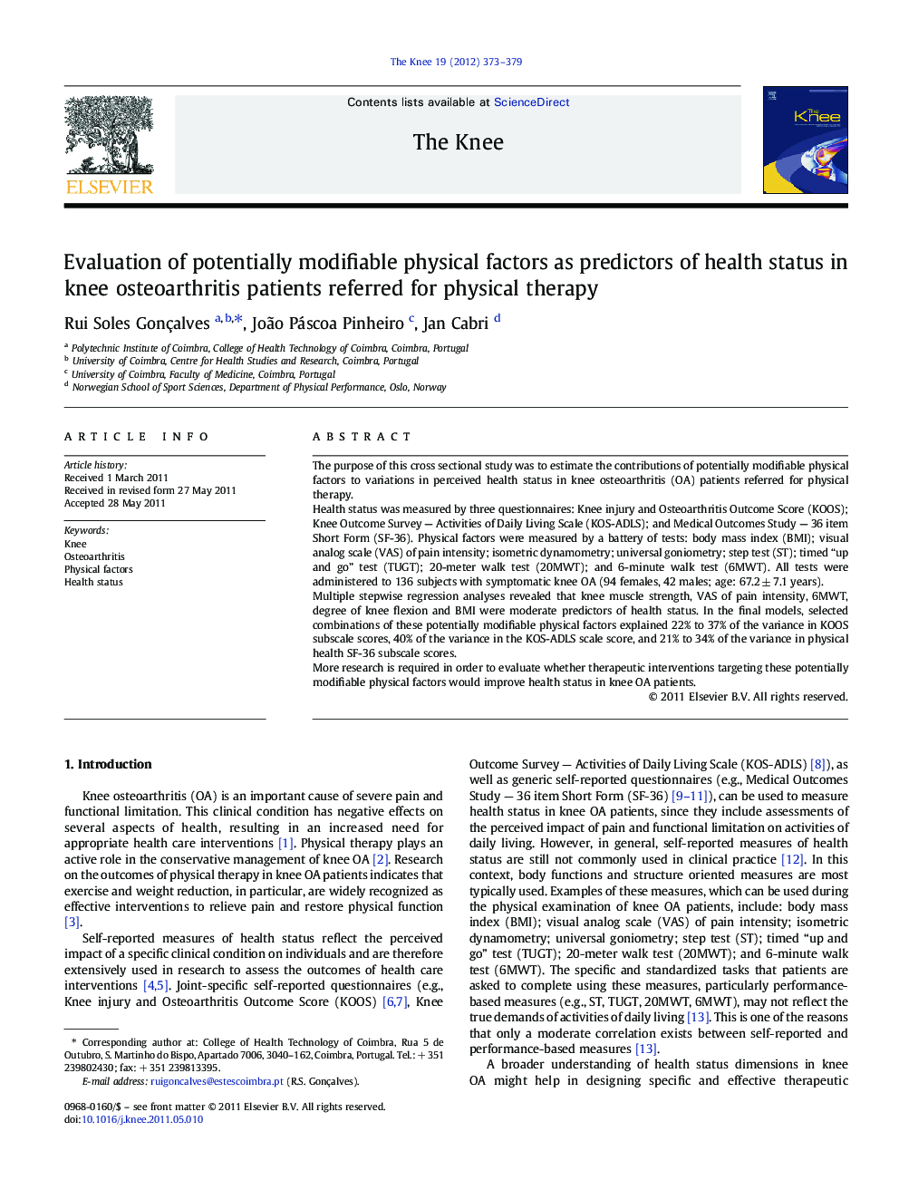 Evaluation of potentially modifiable physical factors as predictors of health status in knee osteoarthritis patients referred for physical therapy