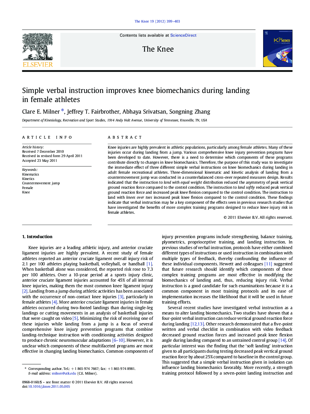 Simple verbal instruction improves knee biomechanics during landing in female athletes