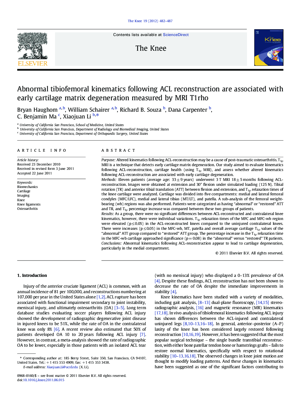 Abnormal tibiofemoral kinematics following ACL reconstruction are associated with early cartilage matrix degeneration measured by MRI T1rho