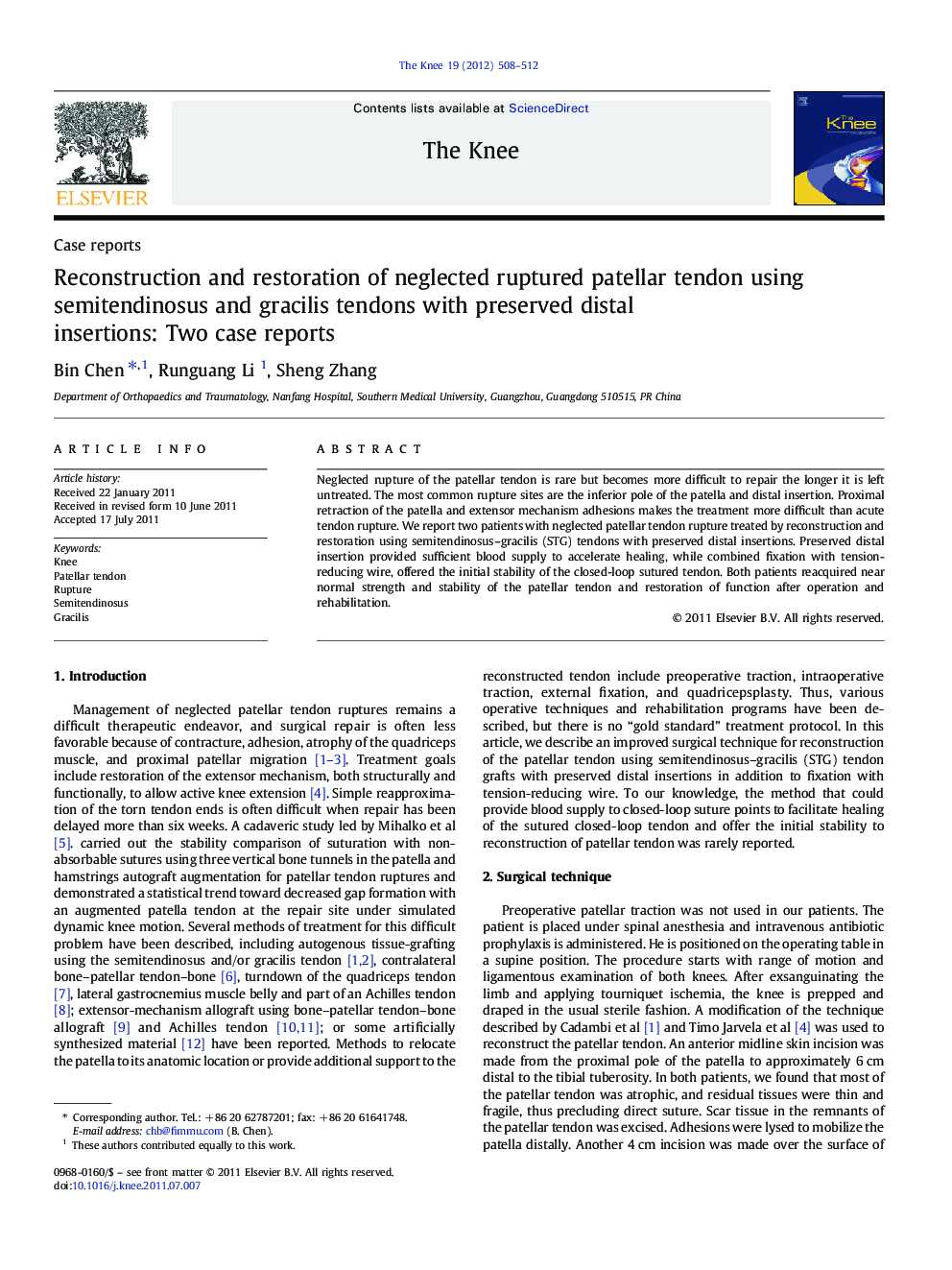 Reconstruction and restoration of neglected ruptured patellar tendon using semitendinosus and gracilis tendons with preserved distal insertions: Two case reports