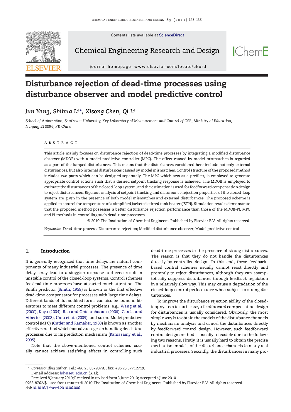Disturbance rejection of dead-time processes using disturbance observer and model predictive control