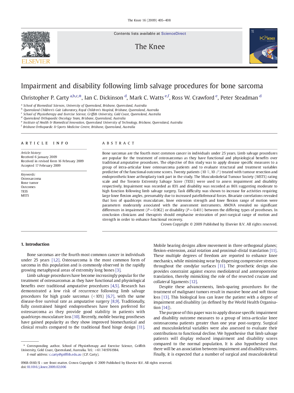 Impairment and disability following limb salvage procedures for bone sarcoma