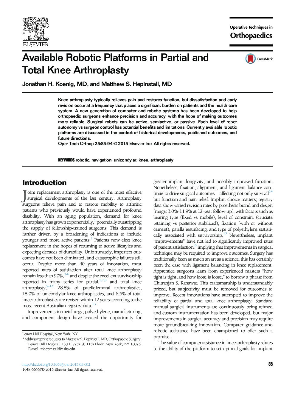 Available Robotic Platforms in Partial and Total Knee Arthroplasty