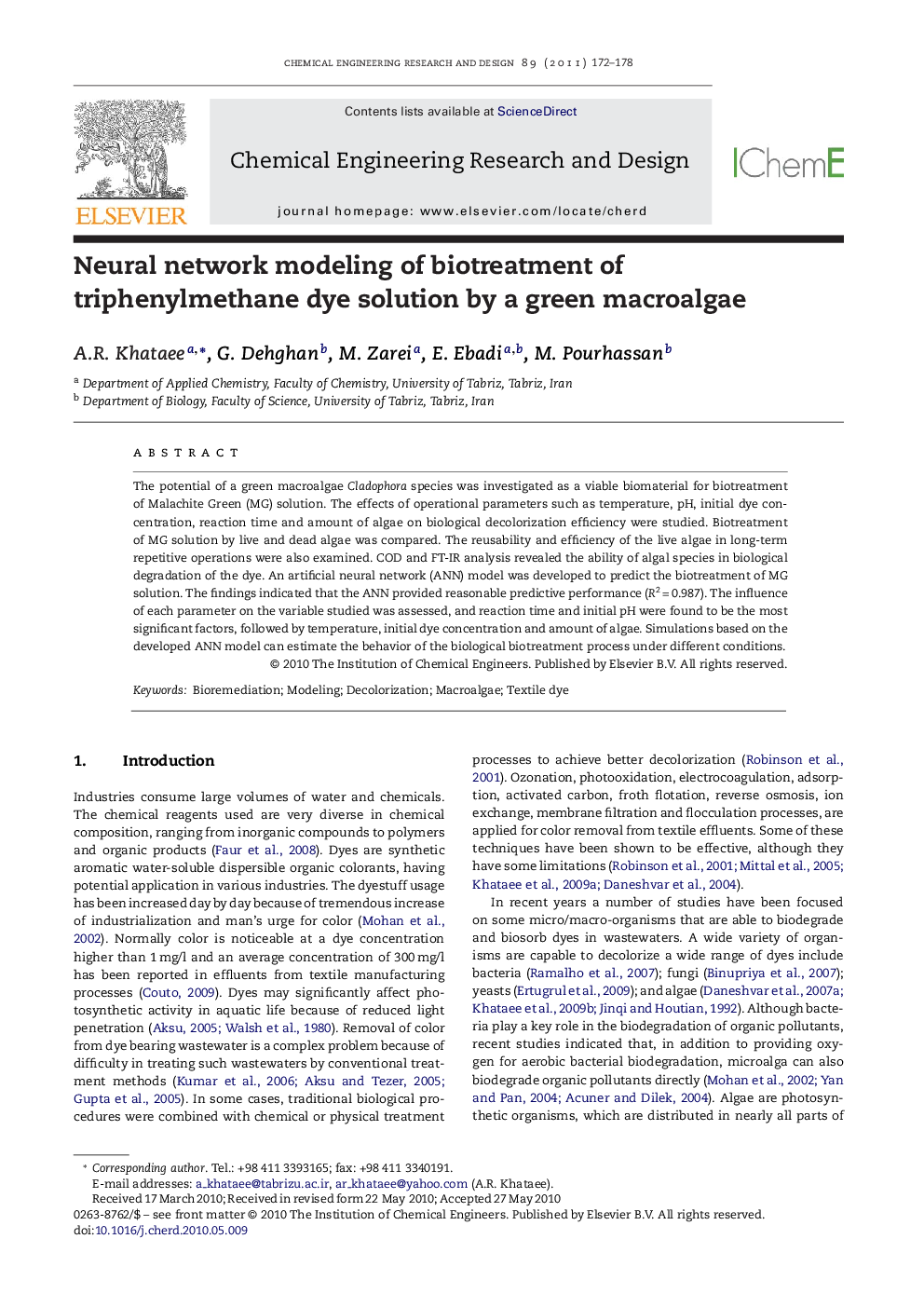 Neural network modeling of biotreatment of triphenylmethane dye solution by a green macroalgae