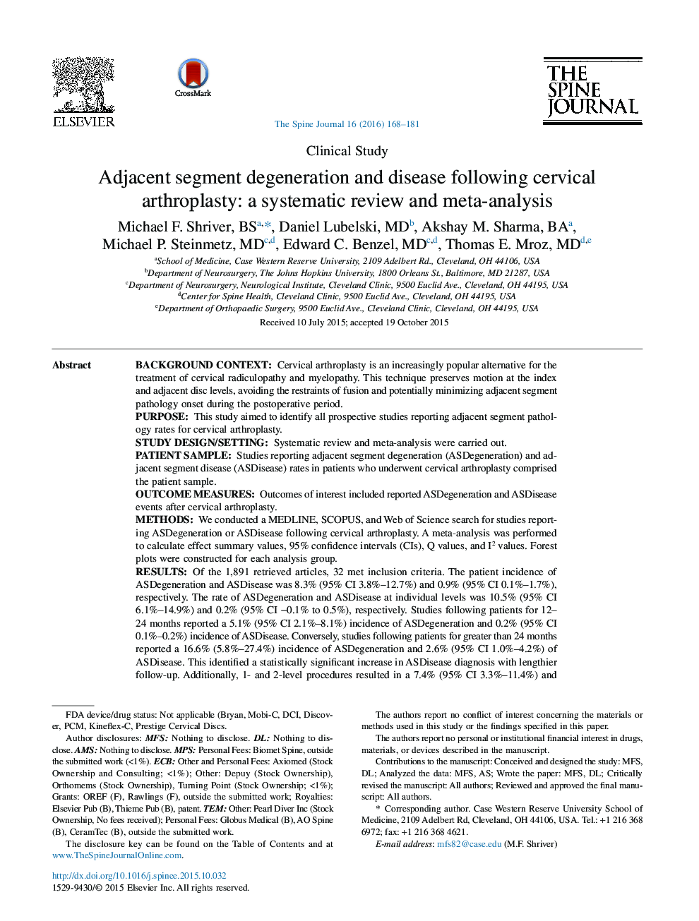 دژنراسیون بخش مجاور و بیماری پس از آرتروپلاستی گردن: یک بررسی سیستماتیک و متاآنالیز 