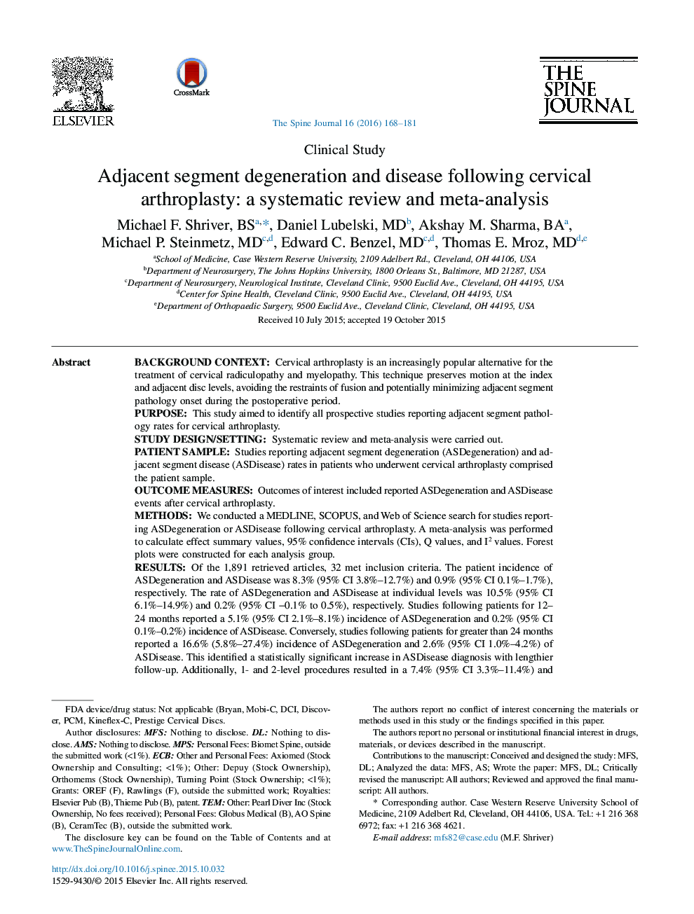 Adjacent segment degeneration and disease following cervical arthroplasty: a systematic review and meta-analysis