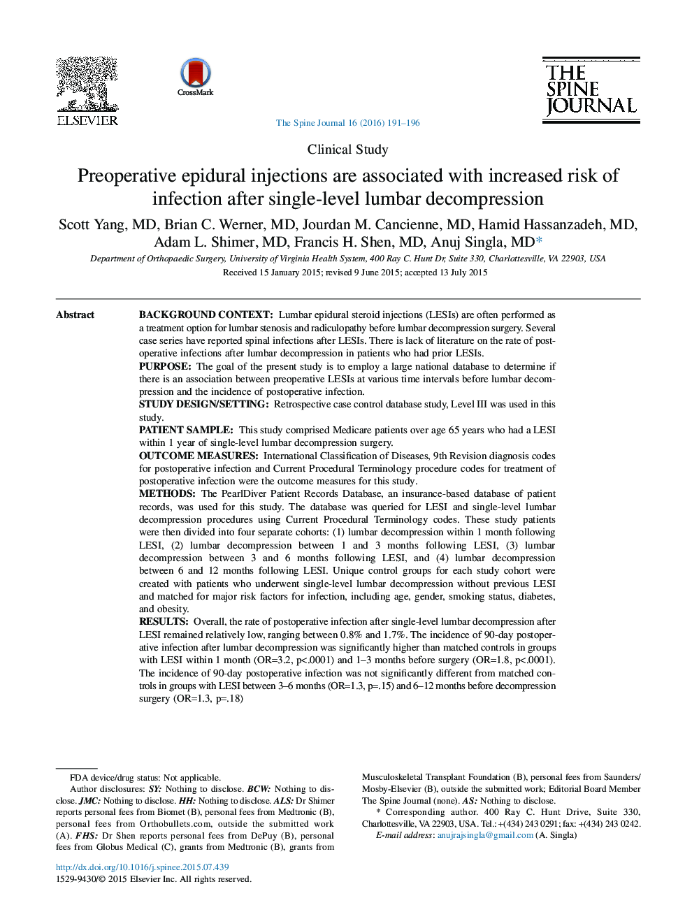 Preoperative epidural injections are associated with increased risk of infection after single-level lumbar decompression