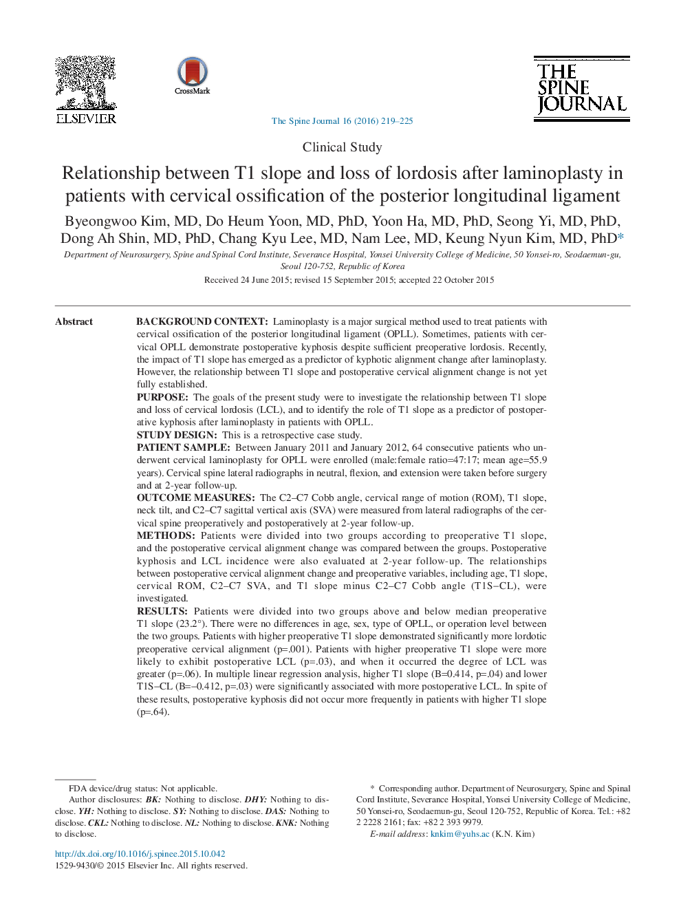 Relationship between T1 slope and loss of lordosis after laminoplasty in patients with cervical ossification of the posterior longitudinal ligament