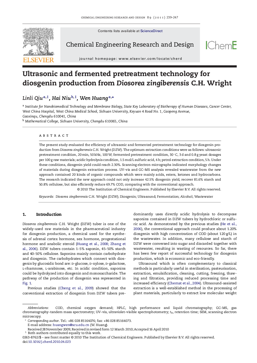 Ultrasonic and fermented pretreatment technology for diosgenin production from Diosorea zingiberensis C.H. Wright