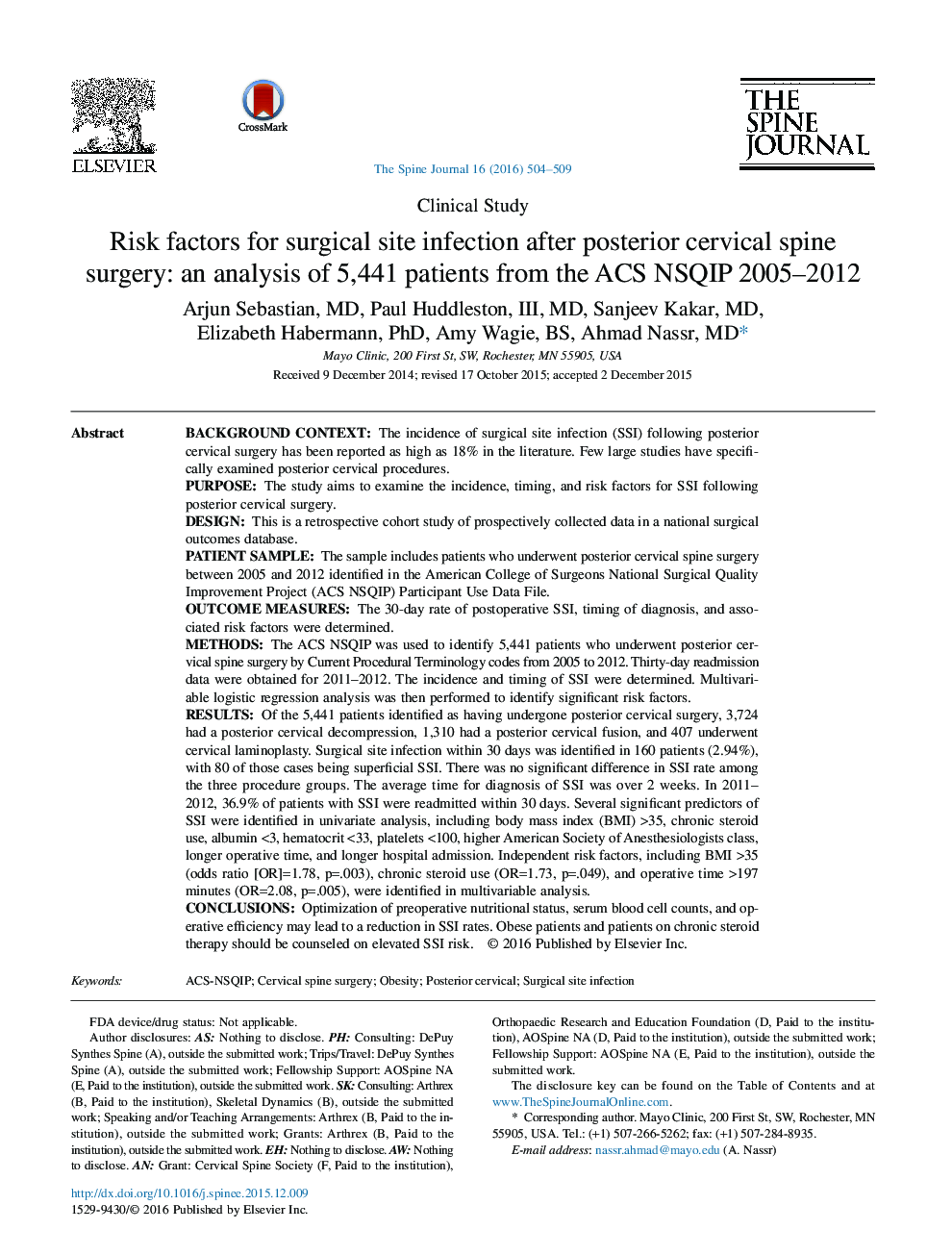 Risk factors for surgical site infection after posterior cervical spine surgery: an analysis of 5,441 patients from the ACS NSQIP 2005-2012