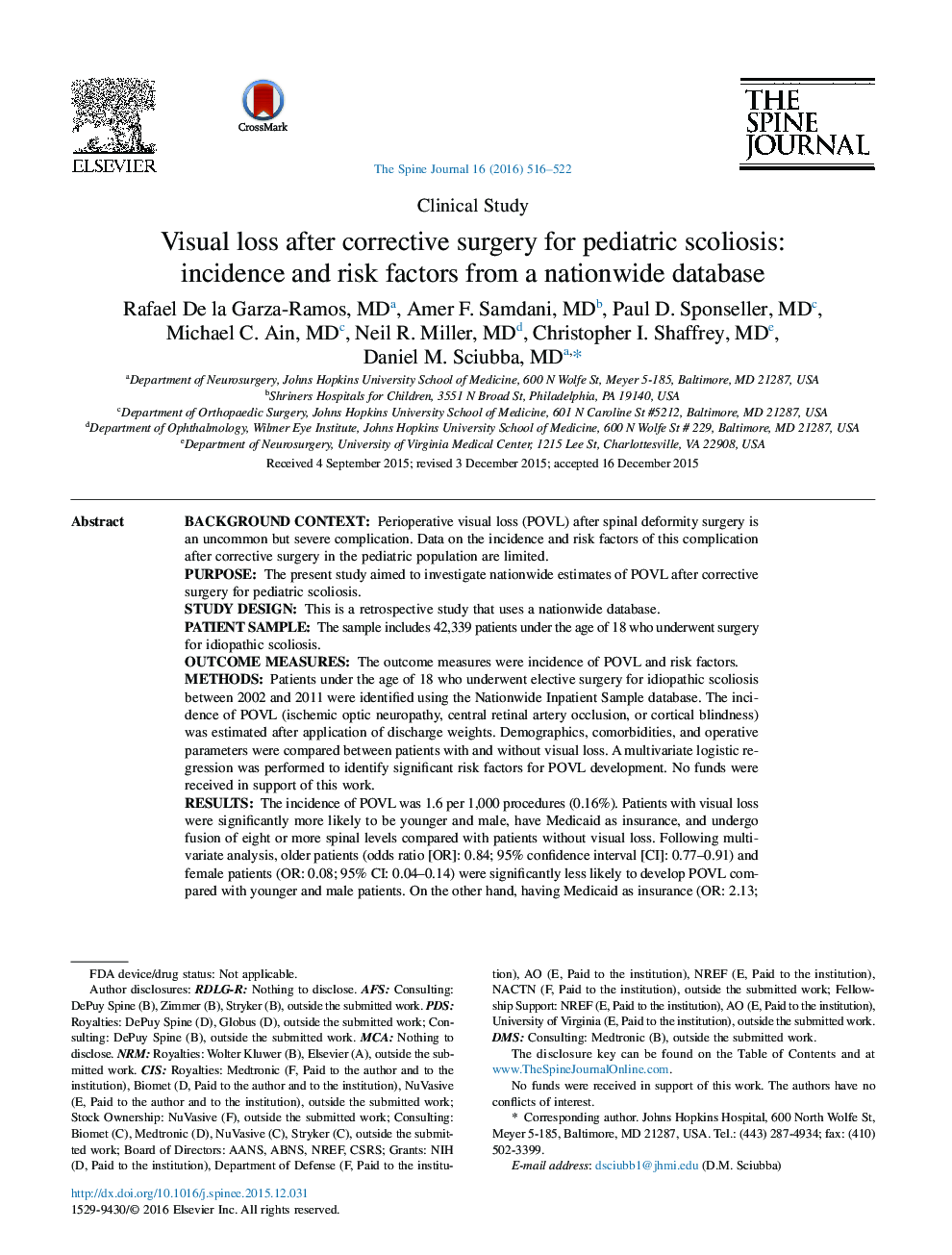 Visual loss after corrective surgery for pediatric scoliosis: incidence and risk factors from a nationwide database