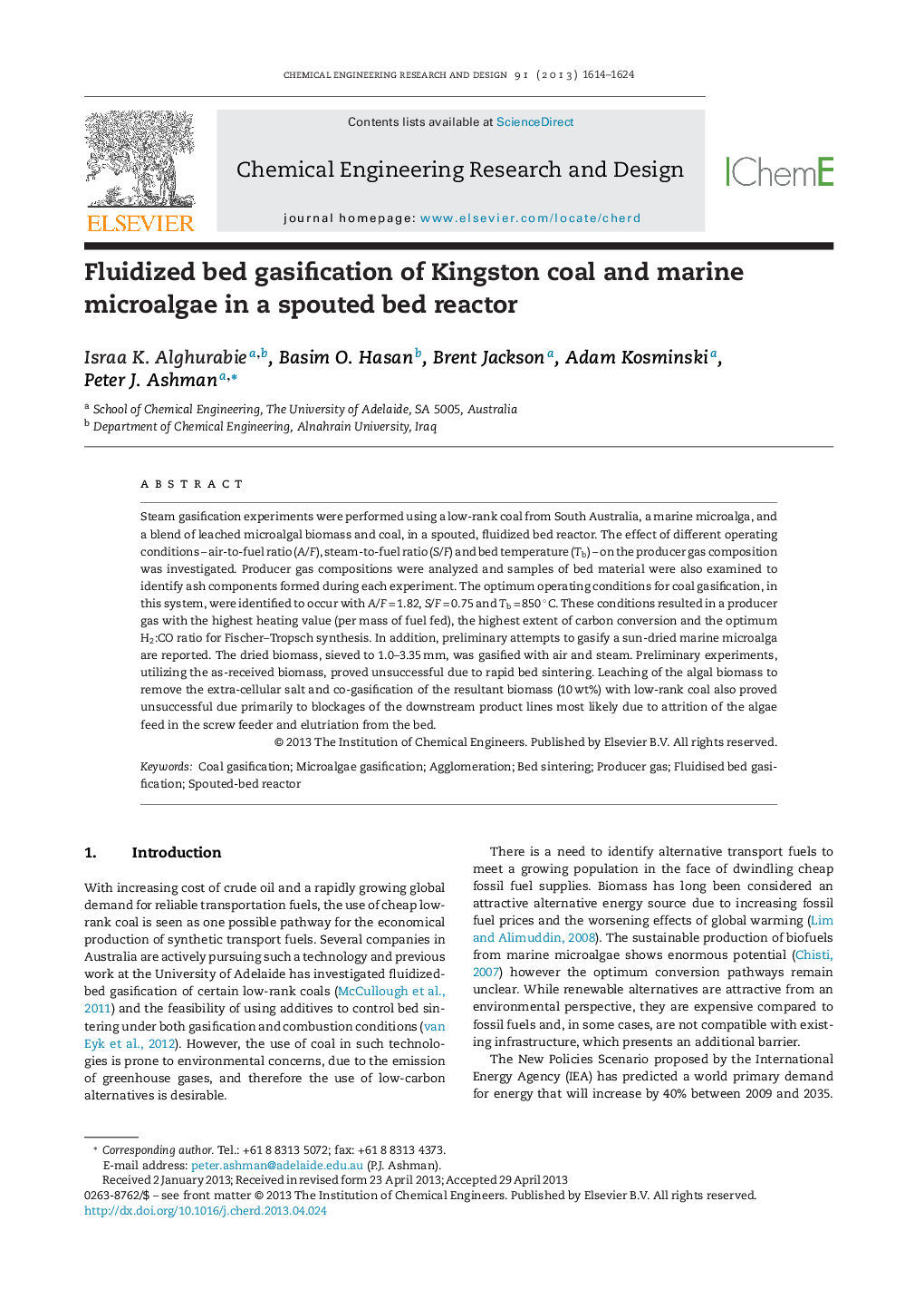 Fluidized bed gasification of Kingston coal and marine microalgae in a spouted bed reactor