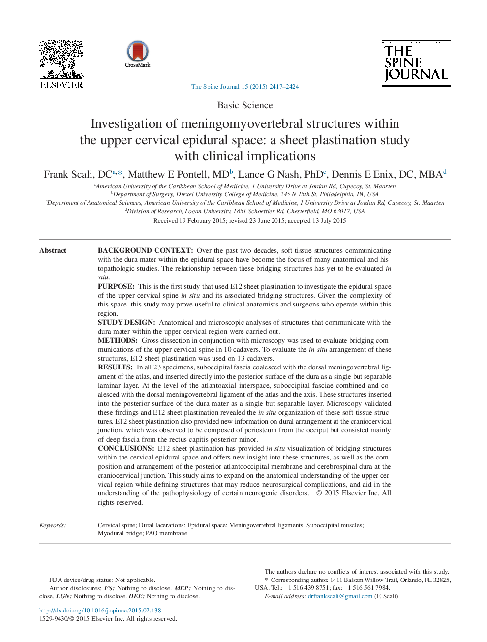 Investigation of meningomyovertebral structures within the upper cervical epidural space: a sheet plastination study with clinical implications