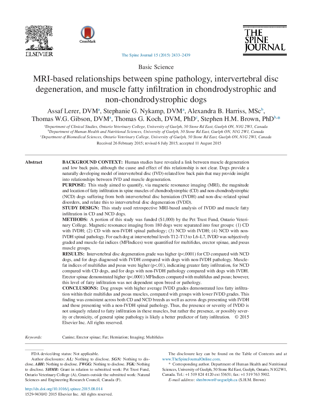 MRI-based relationships between spine pathology, intervertebral disc degeneration, and muscle fatty infiltration in chondrodystrophic and non-chondrodystrophic dogs