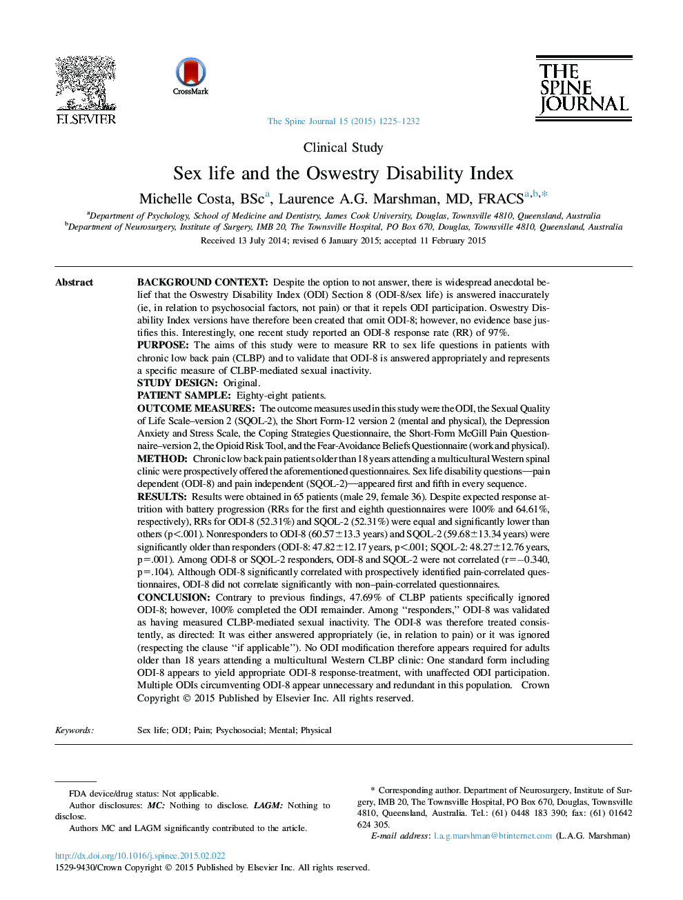 Sex life and the Oswestry Disability Index