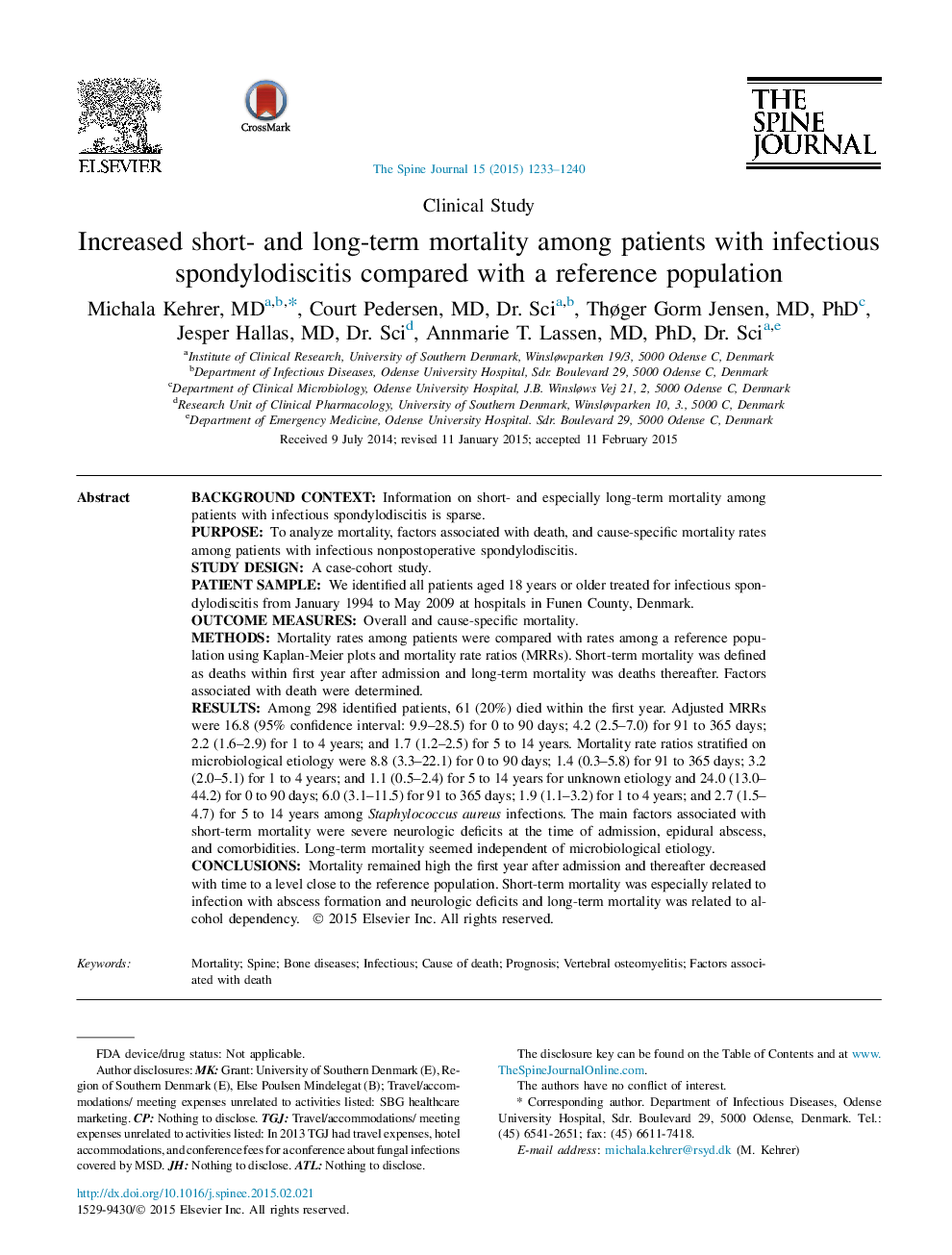 Increased short- and long-term mortality among patients with infectious spondylodiscitis compared with a reference population