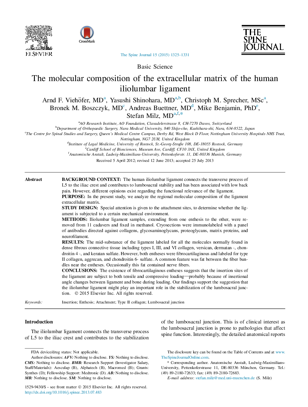 The molecular composition of the extracellular matrix of the human iliolumbar ligament