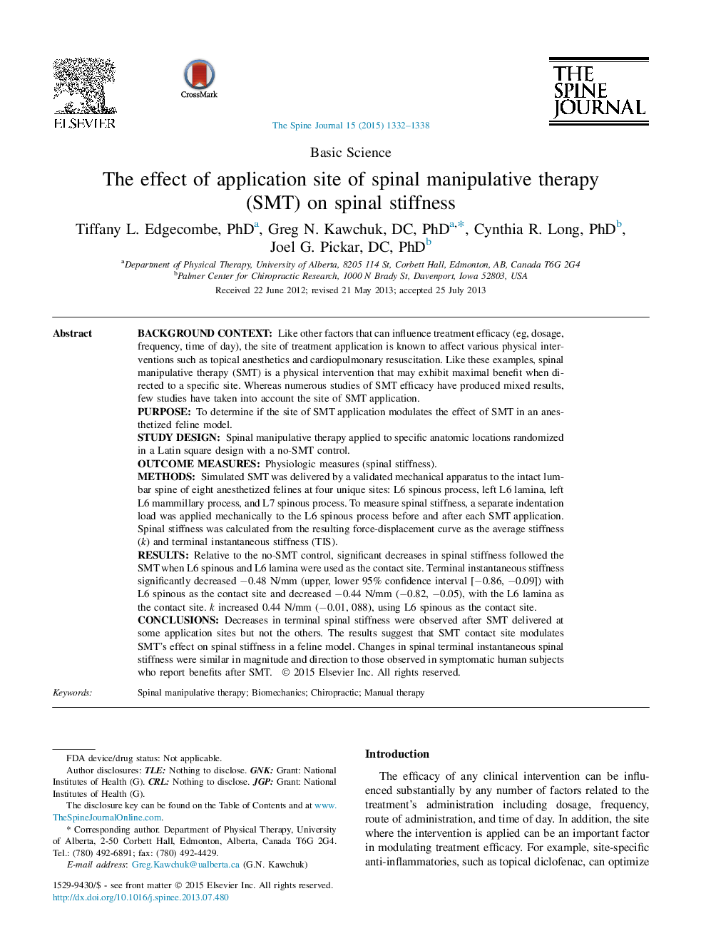 The effect of application site of spinal manipulative therapy (SMT) on spinal stiffness