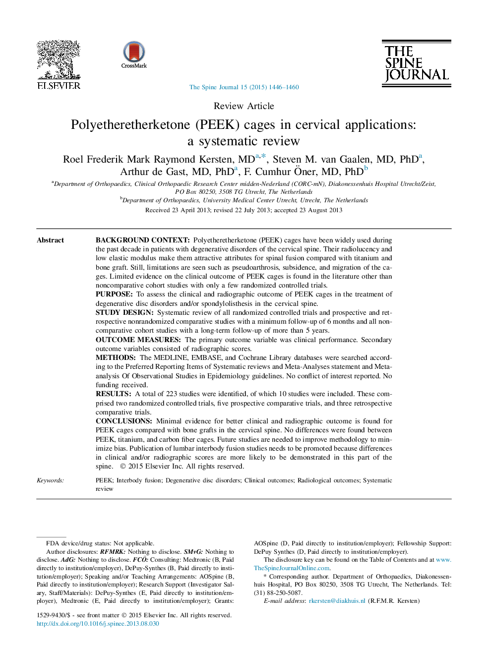 Polyetheretherketone (PEEK) cages in cervical applications: a systematic review