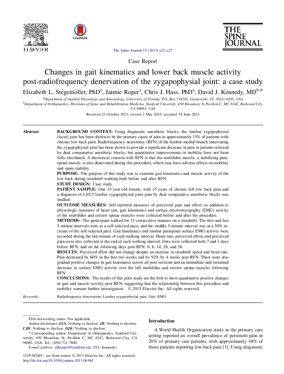 Changes in gait kinematics and lower back muscle activity post-radiofrequency denervation of the zygapophysial joint: a case study