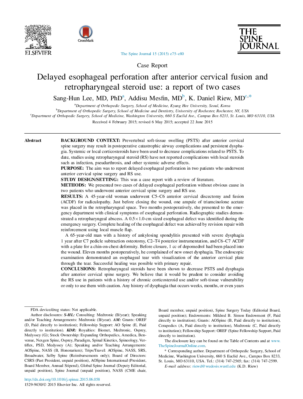 Delayed esophageal perforation after anterior cervical fusion and retropharyngeal steroid use: a report of two cases