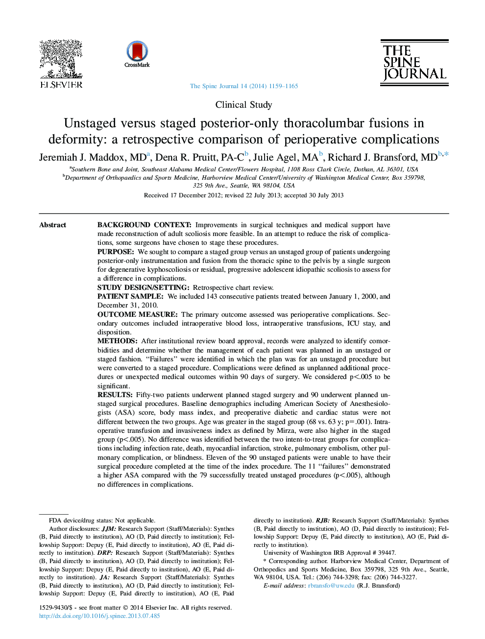 Unstaged versus staged posterior-only thoracolumbar fusions in deformity: a retrospective comparison of perioperative complications