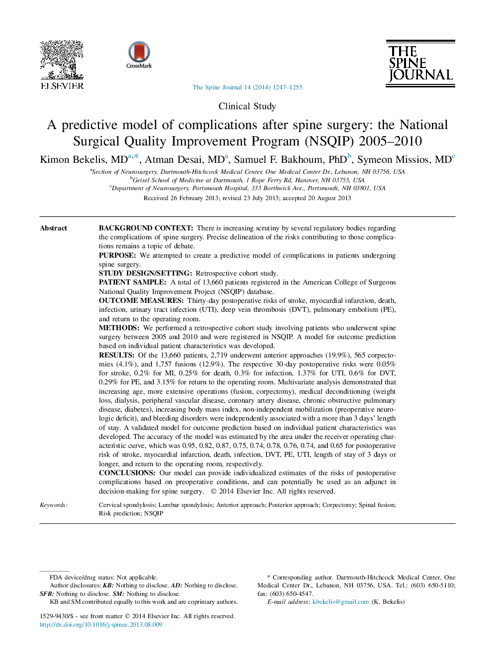 A predictive model of complications after spine surgery: the National Surgical Quality Improvement Program (NSQIP) 2005-2010