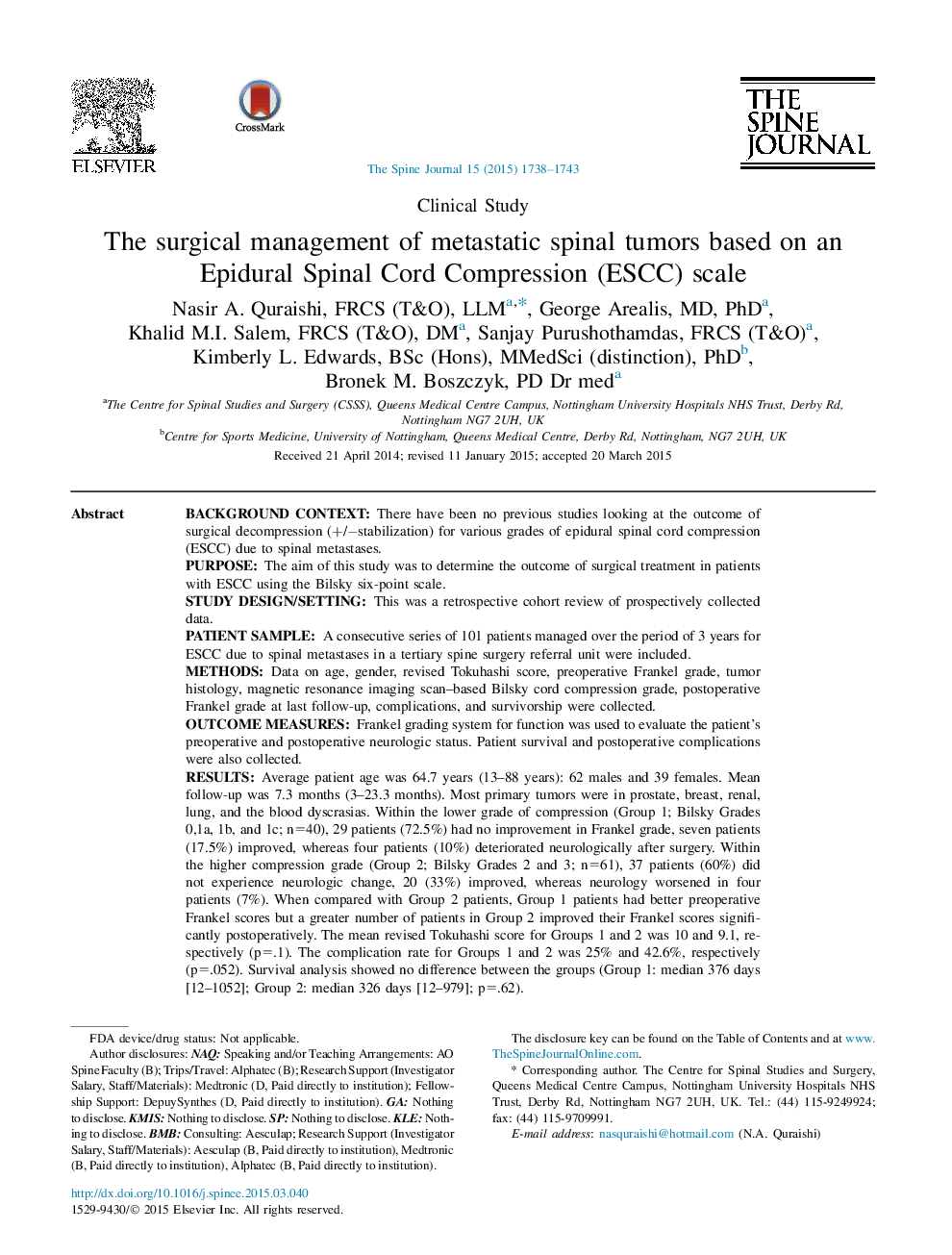 The surgical management of metastatic spinal tumors based on an Epidural Spinal Cord Compression (ESCC) scale