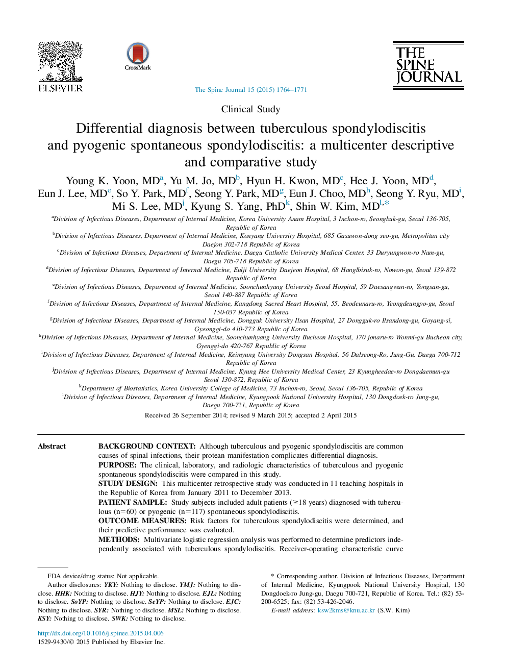 Differential diagnosis between tuberculous spondylodiscitis and pyogenic spontaneous spondylodiscitis: a multicenter descriptive and comparative study