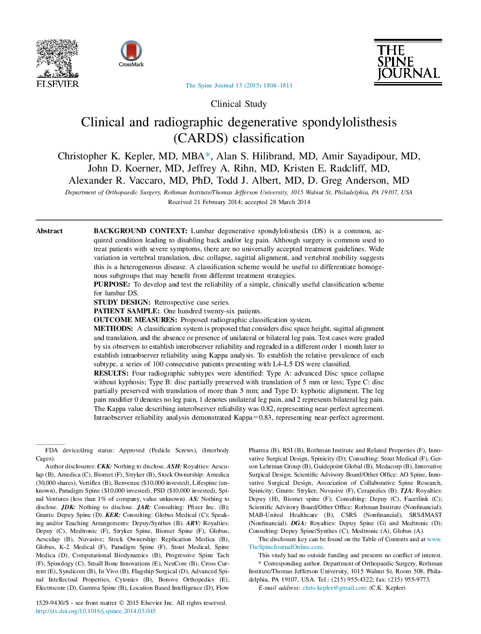 Clinical StudyClinical and radiographic degenerative spondylolisthesis (CARDS) classification